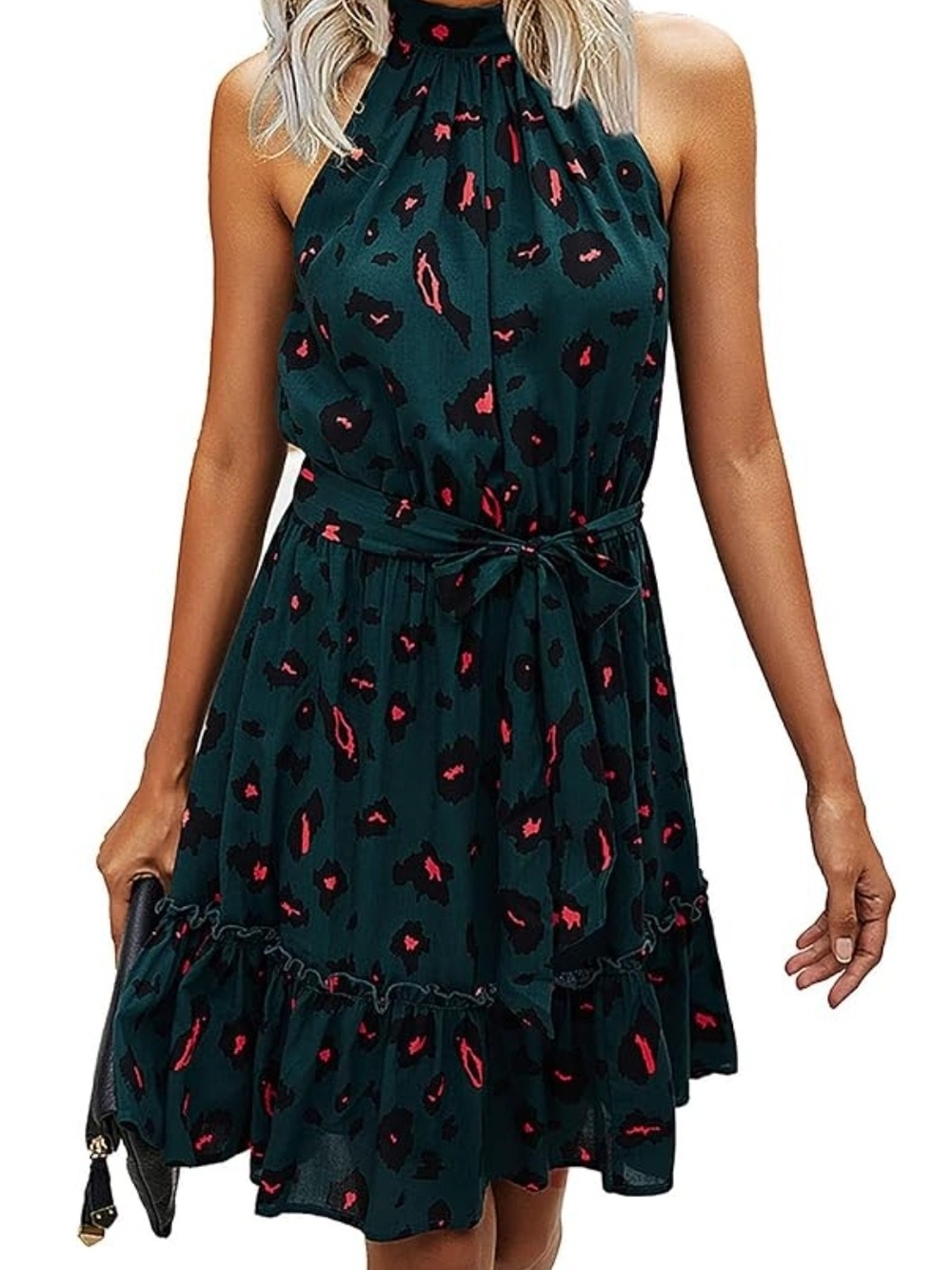 Halter Neck Printed Dress in Teal with Pink Accents